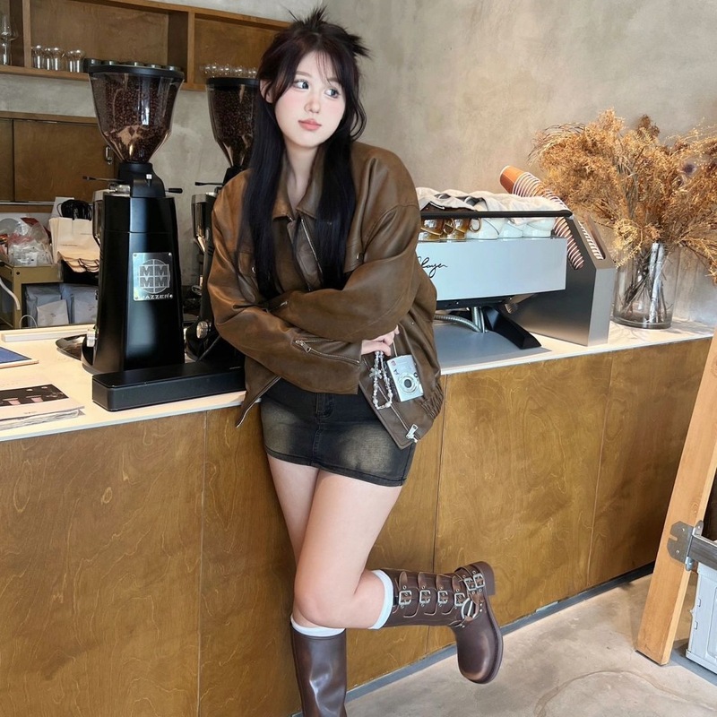 美拉德穿搭棕色皮衣外套女春秋2025新款复古港风机车服短款皮夹克|undefined