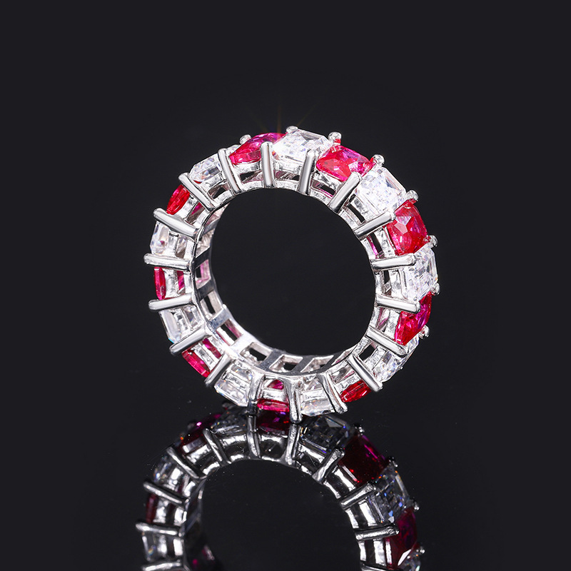 Zhuang sheng joyería S925 todo el cuerpo de plata de la venta caliente de color de la simulación del tesoro rojo corindón piedra de dos colores anillo de la fila retro anillo 4*6
