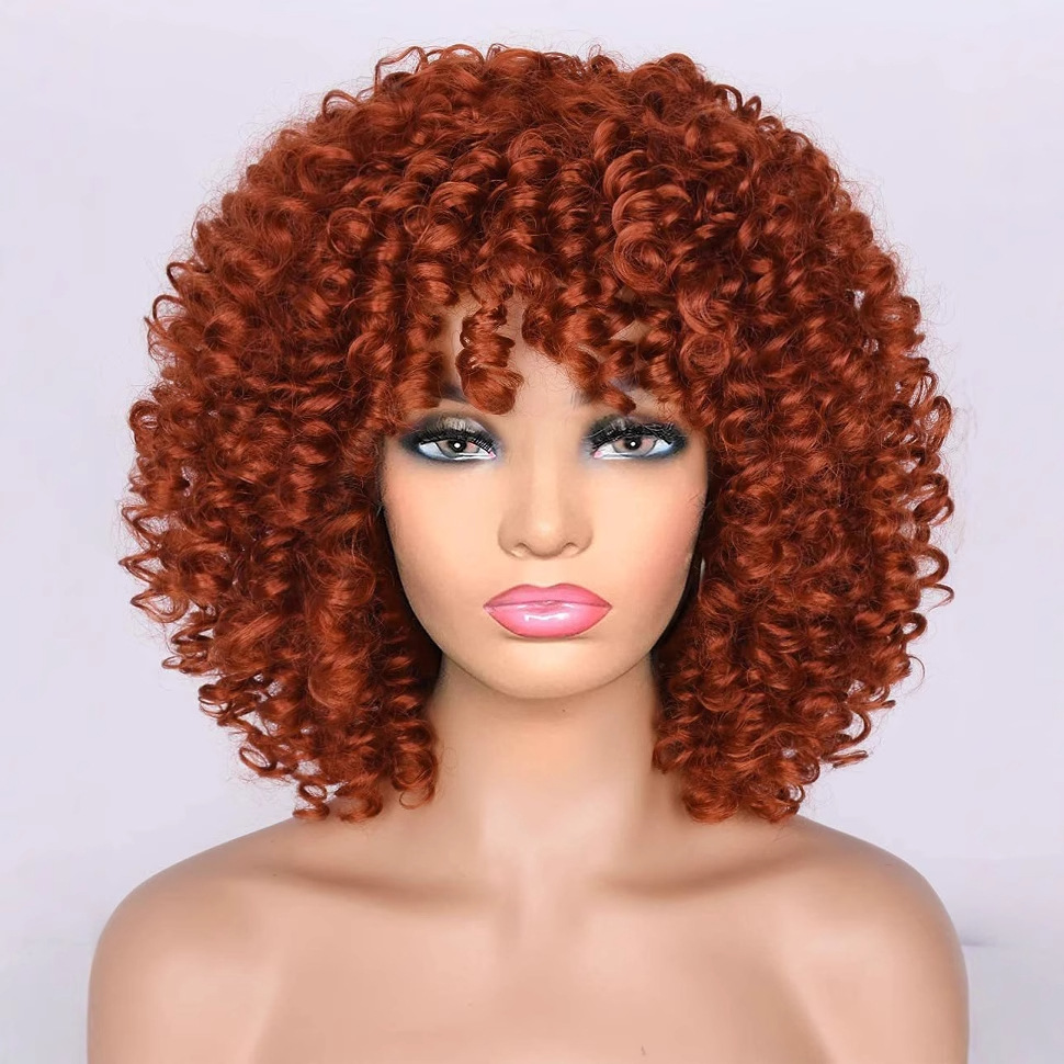 Peluca europea y americana transfronteriza peluca femenina fábrica al por mayor Africana pequeña cabeza de explosión de pelo rizado multicolor Peluca de fibra química cubierta de la cabeza completa