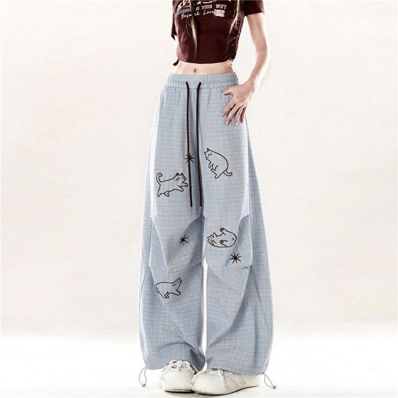 Korean-Style Cute Wide-Leg Pants for Women, Summer Thin Version, Cat Print, Petite Size, Casual Sports Pants, Versatile for Spring and Autumn, Trendy