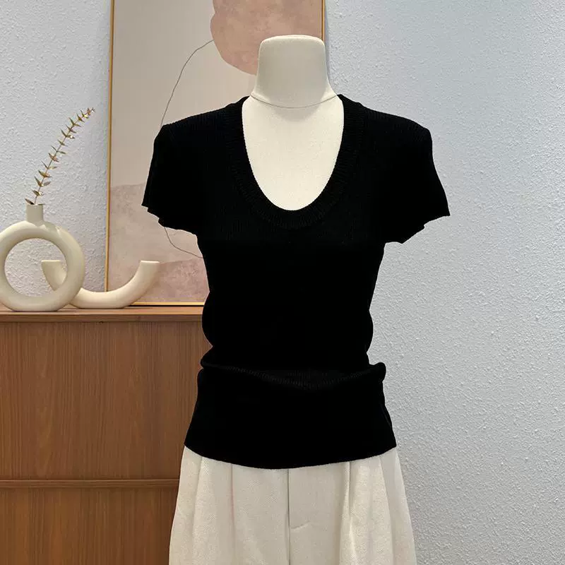 Высококачественный нежный стильный тонкий трикотаж с короткими рукавами и U-образным вырезом для женщин, новый летний элегантный утягивающий топ с короткими рукавами