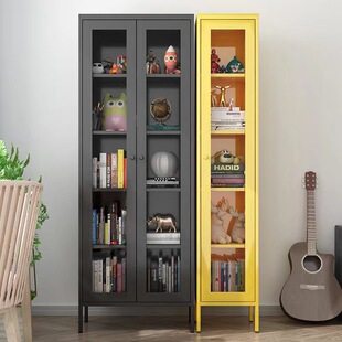 Nordic Style Home Wrought Iron Bookcase with Glass Door Living Room Floor Storage Cabinet Hand-made Display Cabinet Simple Storage Cabinet