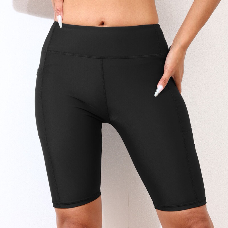 European and American Cross-border Women's High Waist Swimming Shorts with Pocket Boxer Professional Five-point Swim Trunks