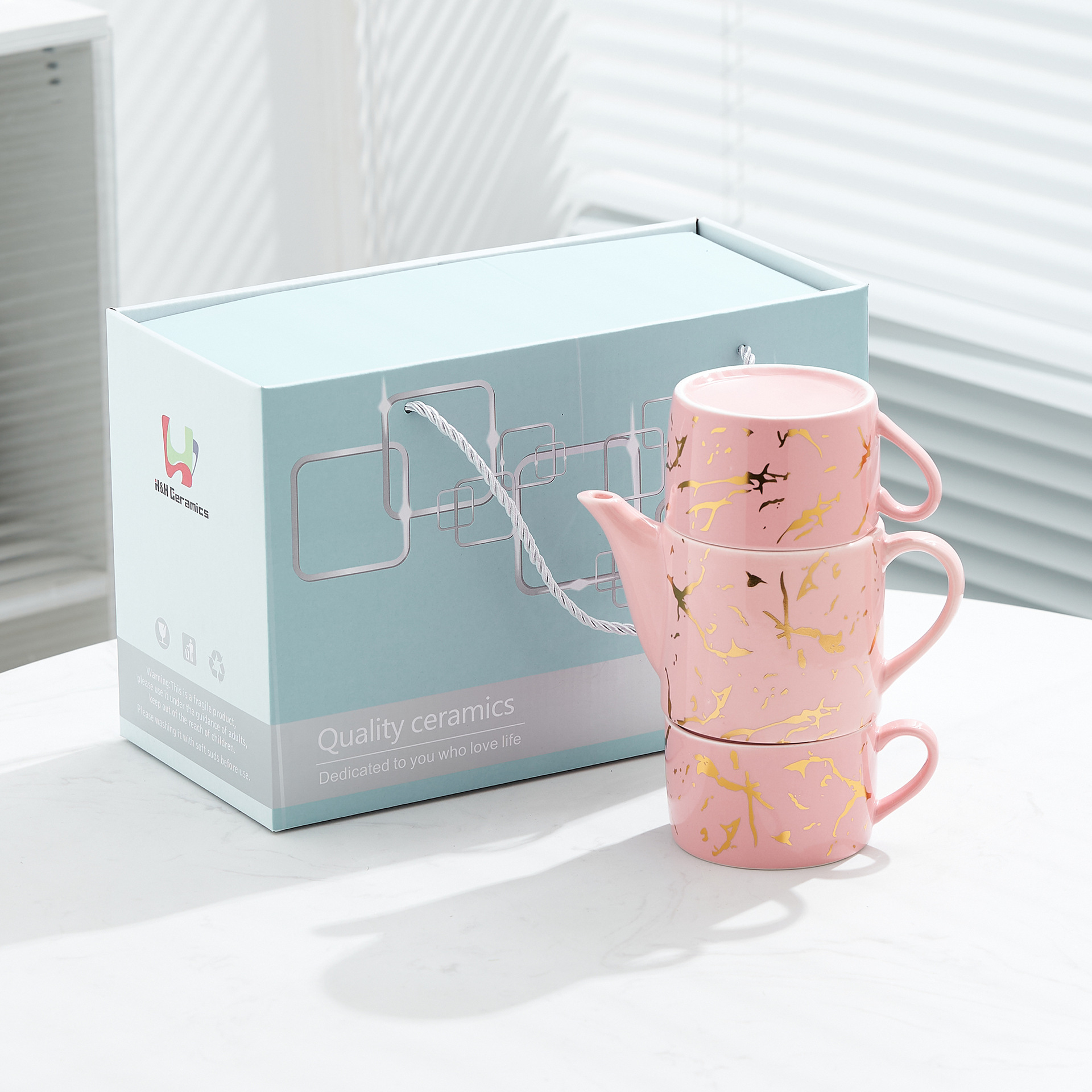 Oro marbling flor juego de té Nordic ins juego de té traje Luz de lujo tarde juego de té caja de regalo embalaje