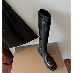 シープスキンバージョン～スモールゴールドバックル本革厚底ナイトブーツレディース太ヒールスリムロングブーツ英国風ハイブーツロングブーツ