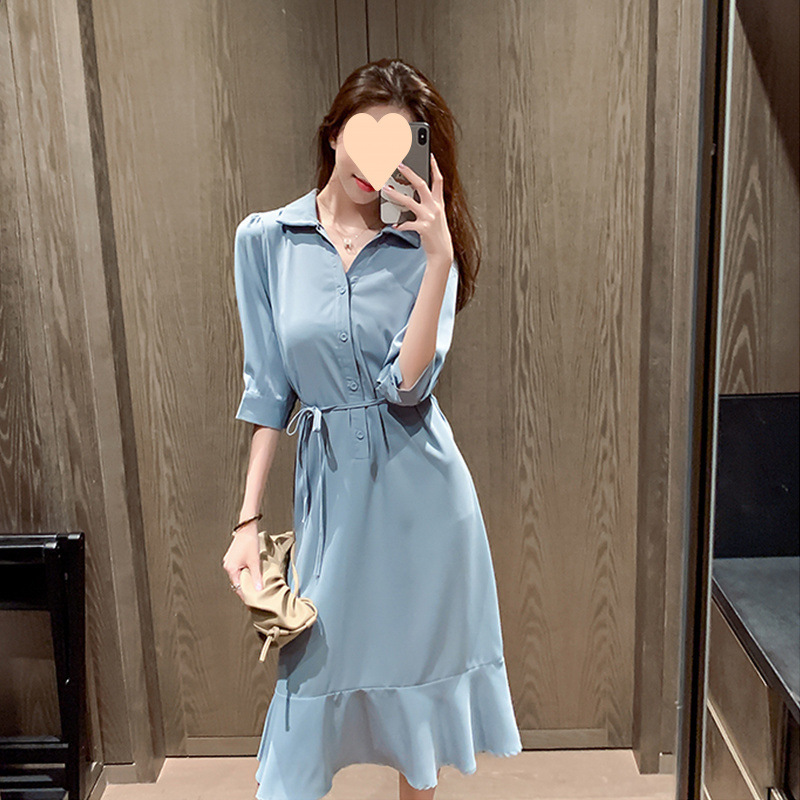 Dress 2025 Summer New Style French Shirt Dress Fairy Style Retro Waist Slimming Look Elegant Fishtail Skirt