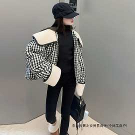 女童冬装棉衣2025新款洋气儿童手塞棉服冬季加厚格子短款棉袄外套