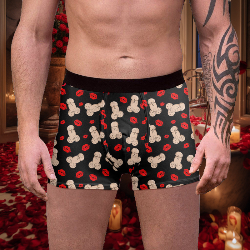 Cross-Border European and American 3D Printed Valentine's Day Men's Underwear Men's Comfortable and Sexy Boxer Briefs Breathable Underwear Wholesale Customization