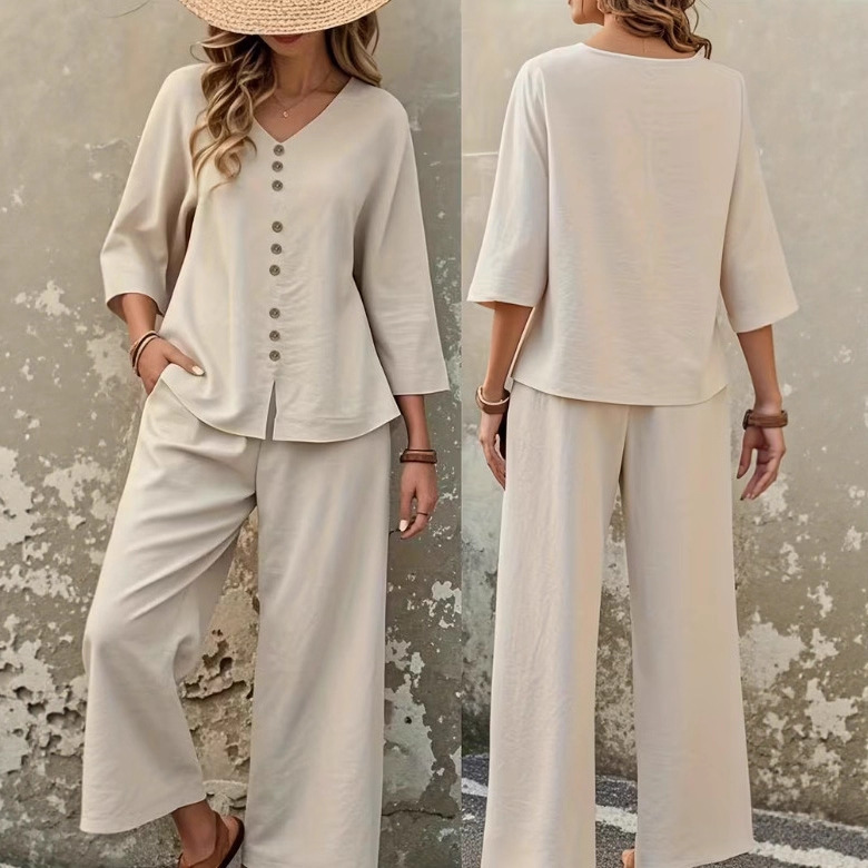 2025 Temu Independent Station Fashionable and Elegant Button-Decorated Pure Color Tops and Pants Suits Export Spot Wholesale