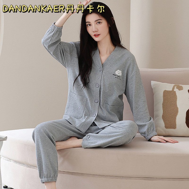 Double-Sided Pure Cotton Pajamas for Women in Autumn and Winter Thickeneded Cardigan Kimono Korean Style Cute Cartoon Large Size Two-Piece Suit Can Be Worn Outside