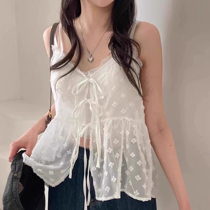 Корейский шикарный летний сладкий и свежий дизайн с v-образным вырезом на шнуровке, жаккардовый универсальный многослойный топ на подтяжках для женщин