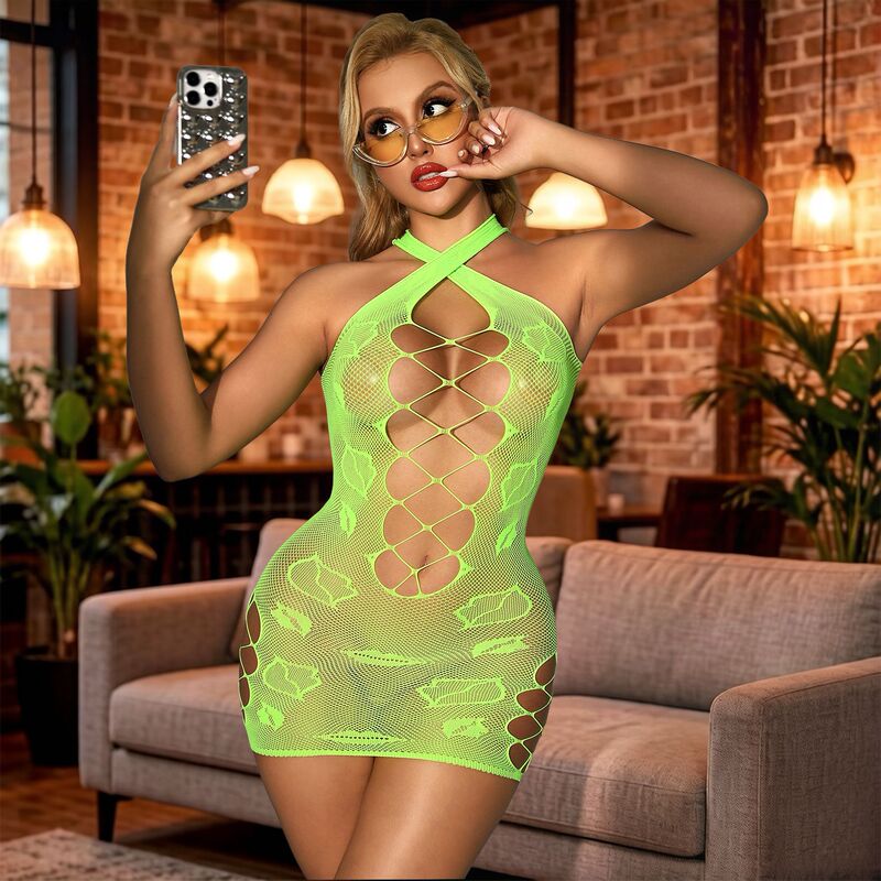 Cross-border European and American fishnet sexy halter neck dress, see-through bodycon nightclub hot girl mini dress wholesale