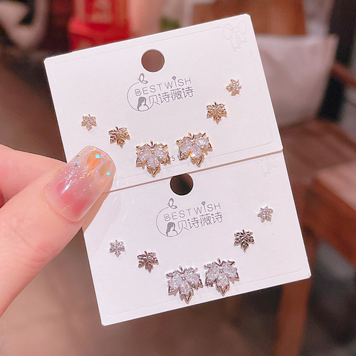  New Exquisite Maple Leaf Zircon Three Pairs of Earrings Women's Korean Style Silver Needle Personalized High-end Earrings