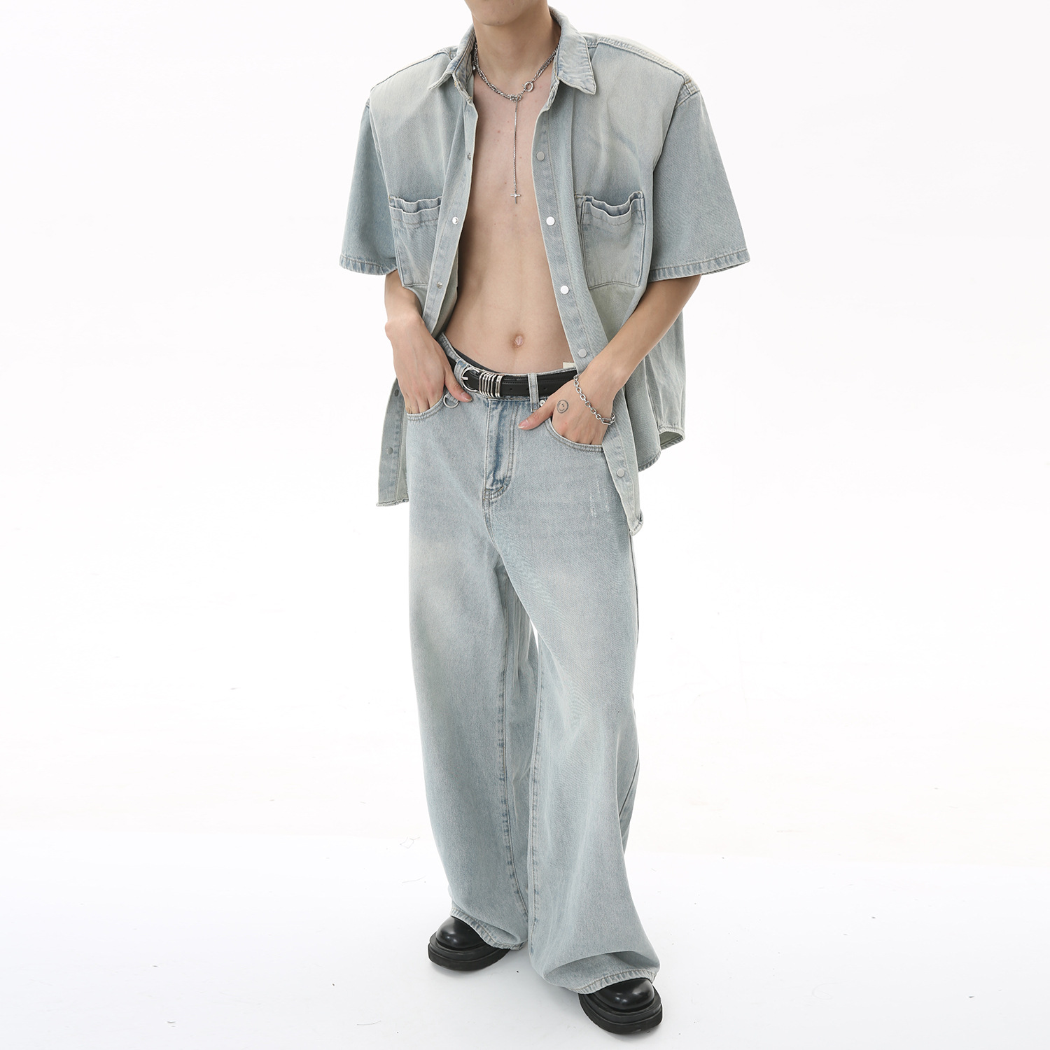 Mtlclothes ropa de los hombres | 2023 nuevo estilo coreano casual pantalones sueltos manga corta chaqueta Denim traje