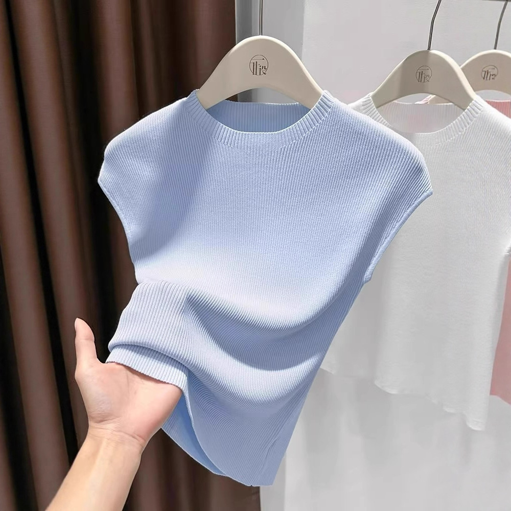 Women's Slim-Fit Short Sleeve Top Ice Silk Cropped Tee Soft Stretchy Casual Shirt for Summer with Flutter Sleeves_ecoleips.com