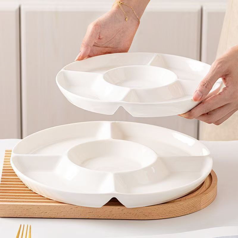 Wholesale of ready-to-ship hotel ceramic serving dishes, multi-compartment plates, fruit platters, round five-compartment dishes for side dishes, and snack plates Wholesale of ready-to-ship hotel ceramic serving dishes, multi-compartment plates, fruit platters, round five-compartment dishes for side dishes, and snack plates