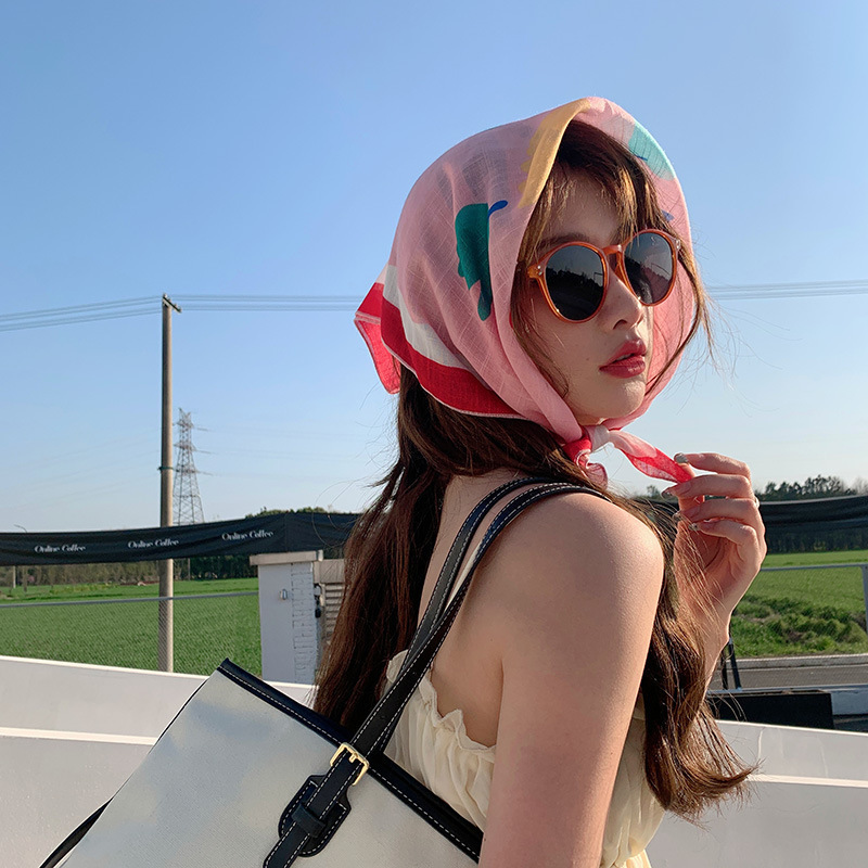면과 린넨 작은 사각형 스카프, 자외선 차단제, 작은 신선한 여성 꽃, 작은 꽃무늬, 예술적 복고풍 스카프, 봄 여름 장식 머리띠, 머리 스카프