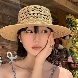法式镂空平顶拉菲草帽女夏季出游度假风海边遮阳防晒平檐沙滩帽子