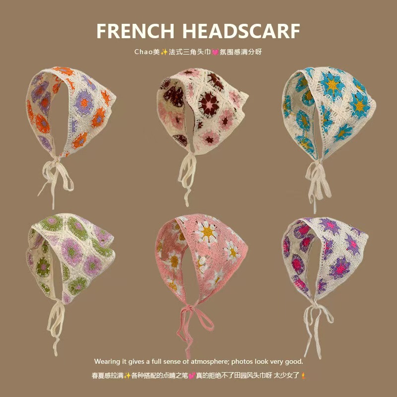 (Complete Style) Hollow Knitted Flower Triangle Scarf Turban Mori Style Girl's Sunshade Hair Belt Headdress