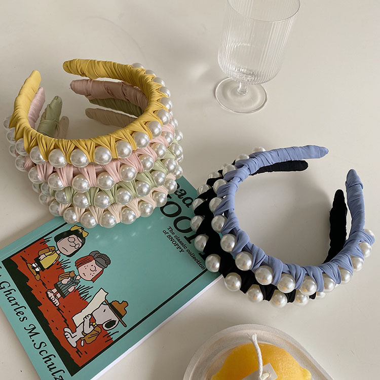 130g Weight Headwear Classification Housewarming, Anniversary, Business, Wedding, Travel, Birthday, Festival Occasion Plaid, Waves Pattern Women'S Gender Fashion Style Beige, Pink, Green, Blue, Yellow, Black Color Korean Winding Pearl Woven Headband Wholesale 2