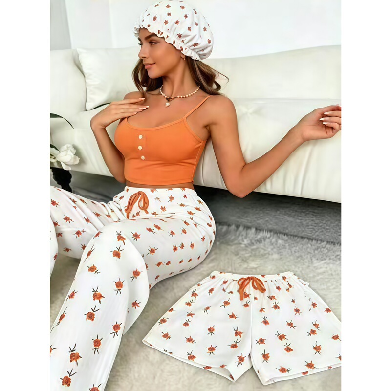 Foreign Trade Amazon New Women's Home Wear Printed Camisole Pajamas Long Pants Shower Cap Four-Piece Set