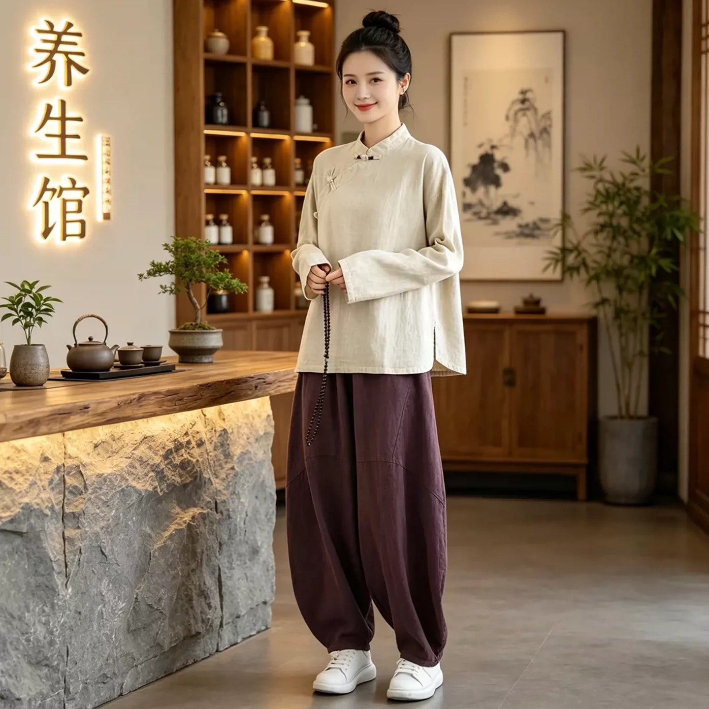 Cotton-linen traditional Chinese medicine wellness center workwear for women, long-sleeved Chinese-style top, custom-made beauty and head therapy massage technician uniform