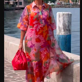 现货2025速卖通秋季时尚复古民族风印花长裙宽松长袖大摆型连