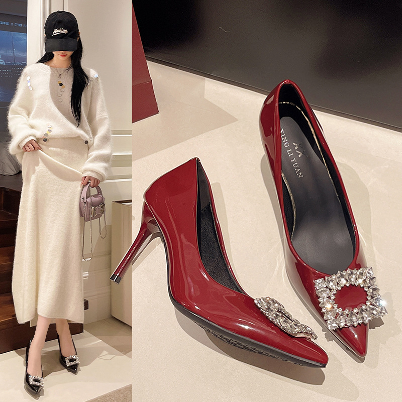 2025 New Pointed Toe Shallow Mouth Rhinestone Patent Leather Stiletto Shoes for Women Autum Sexy Elegant Fairy Nude High Heels