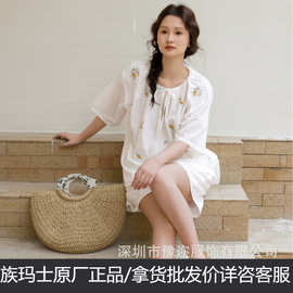 族玛士睡衣女夏法式小清新碎花短袖套装白色系全棉家居服宽松175