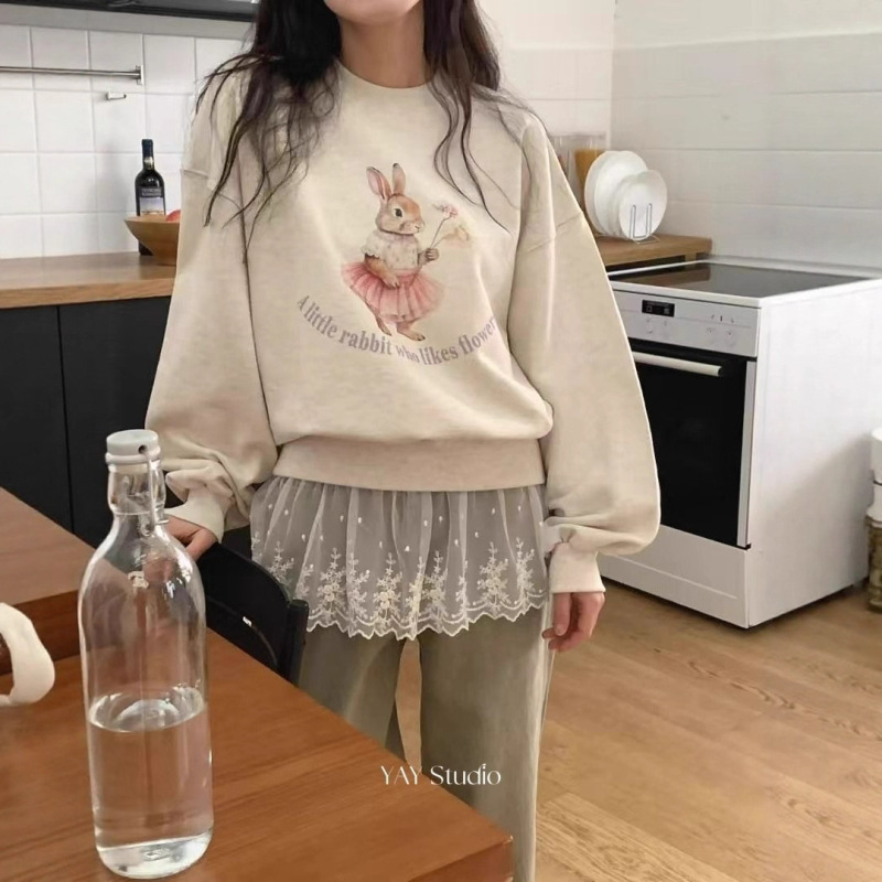 慵懒风宽松套头加厚卫衣女秋冬新款韩系卡通小兔长袖圆领无帽上衣|undefined