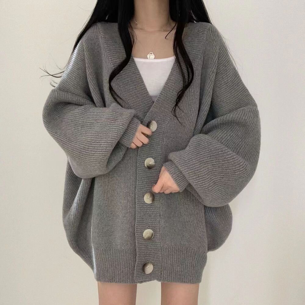 韩版毛衣外套女开衫秋冬2024新款加厚宽松慵懒风外穿V领针织上衣