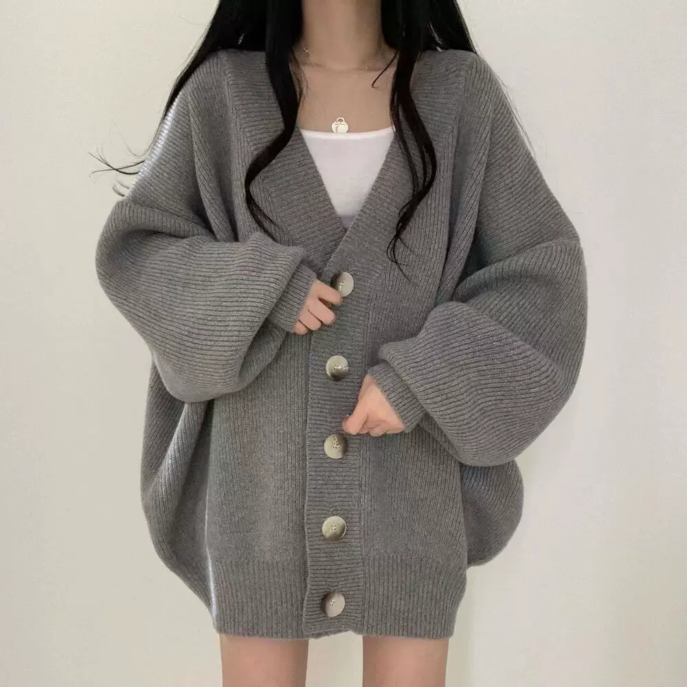 韩版毛衣外套女开衫秋冬2024新款加厚宽松慵懒风外穿V领针织上衣