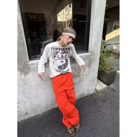 美式亮橘色‘越狱裤’廓形伞兵宽松直筒休闲裤男休闲街头设计长裤