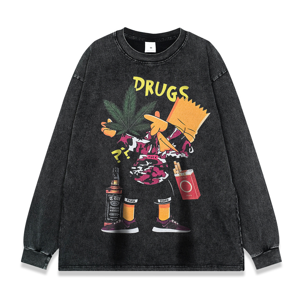 260g pesado copo de nieve frito de manga larga Camiseta americana retro alta calle moda marca suéter suelta Otoño e Invierno de los hombres y las mujeres de fondo