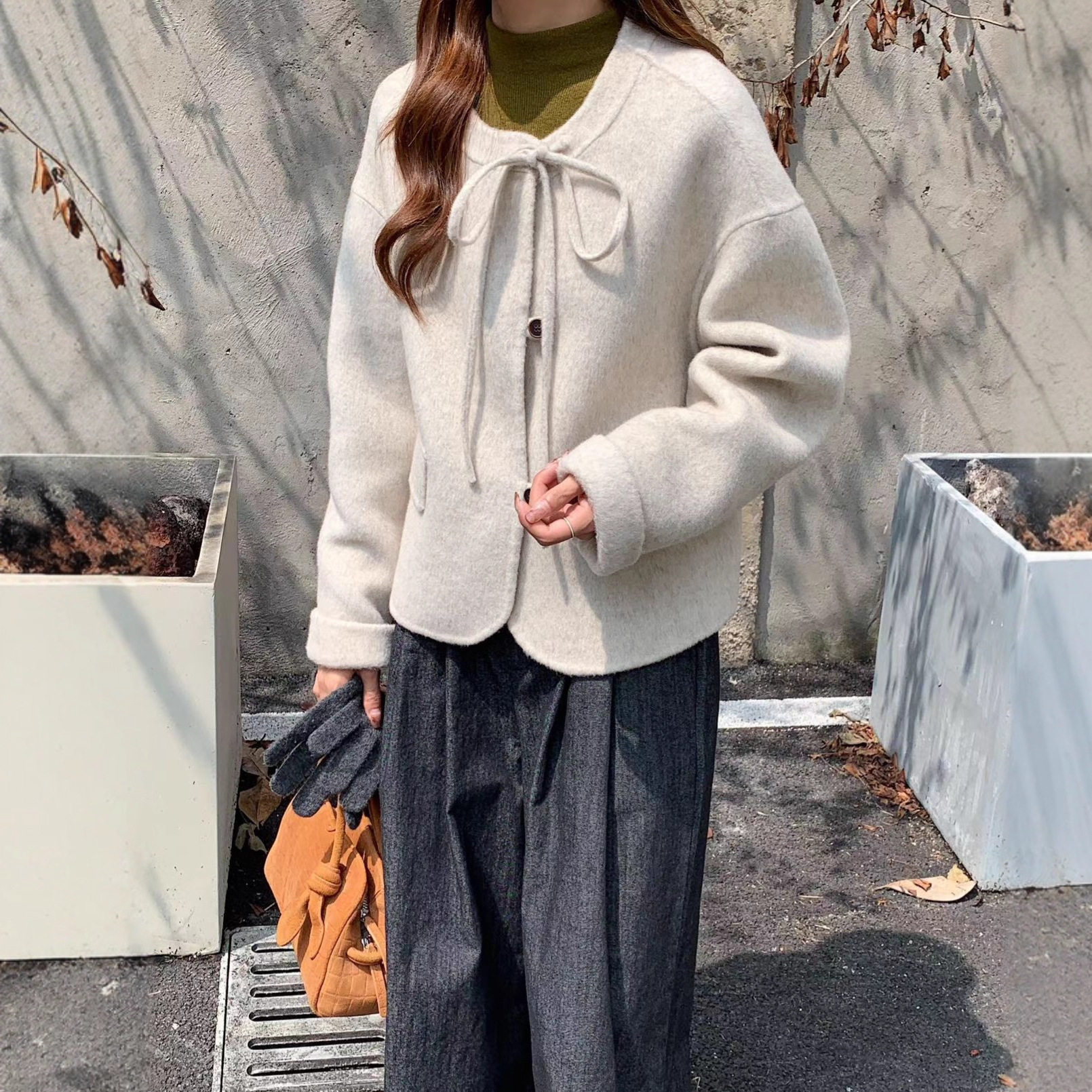 Yimo Korean-Style Sweet Lace-Up Wool Coat for Women 2025 Autumn and Winter Ins Short Woolen Coat for Women Puyuan