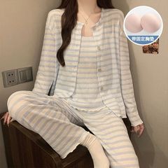 睡衣女春秋季带胸垫一体开衫吊带长裤休闲条纹三件套家居服可外穿