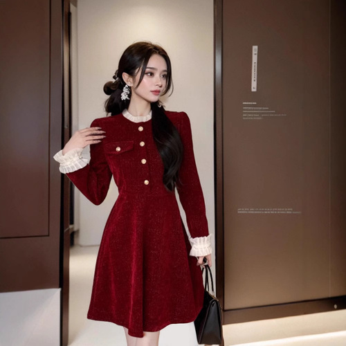Over the New Year Battle Dress Red Little Fragrance Wind Women's Autumn/Winter Petite Size Annual Meeting Small Formal Dress Chinese Style