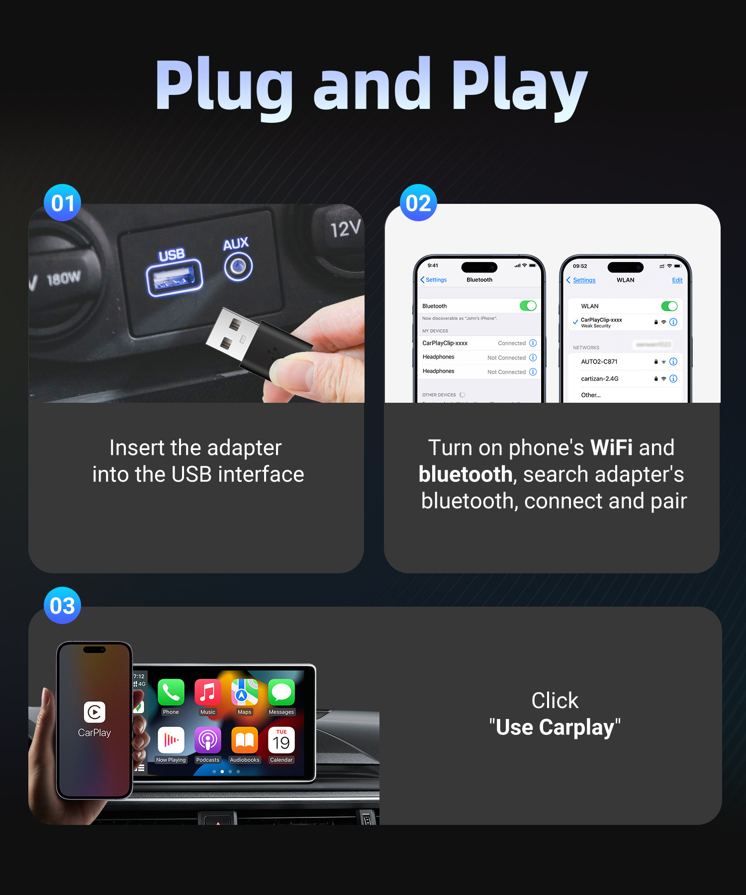New Model with Screen, Wired to Wireless Carplay Portable Adapter for Apple Screen Projection