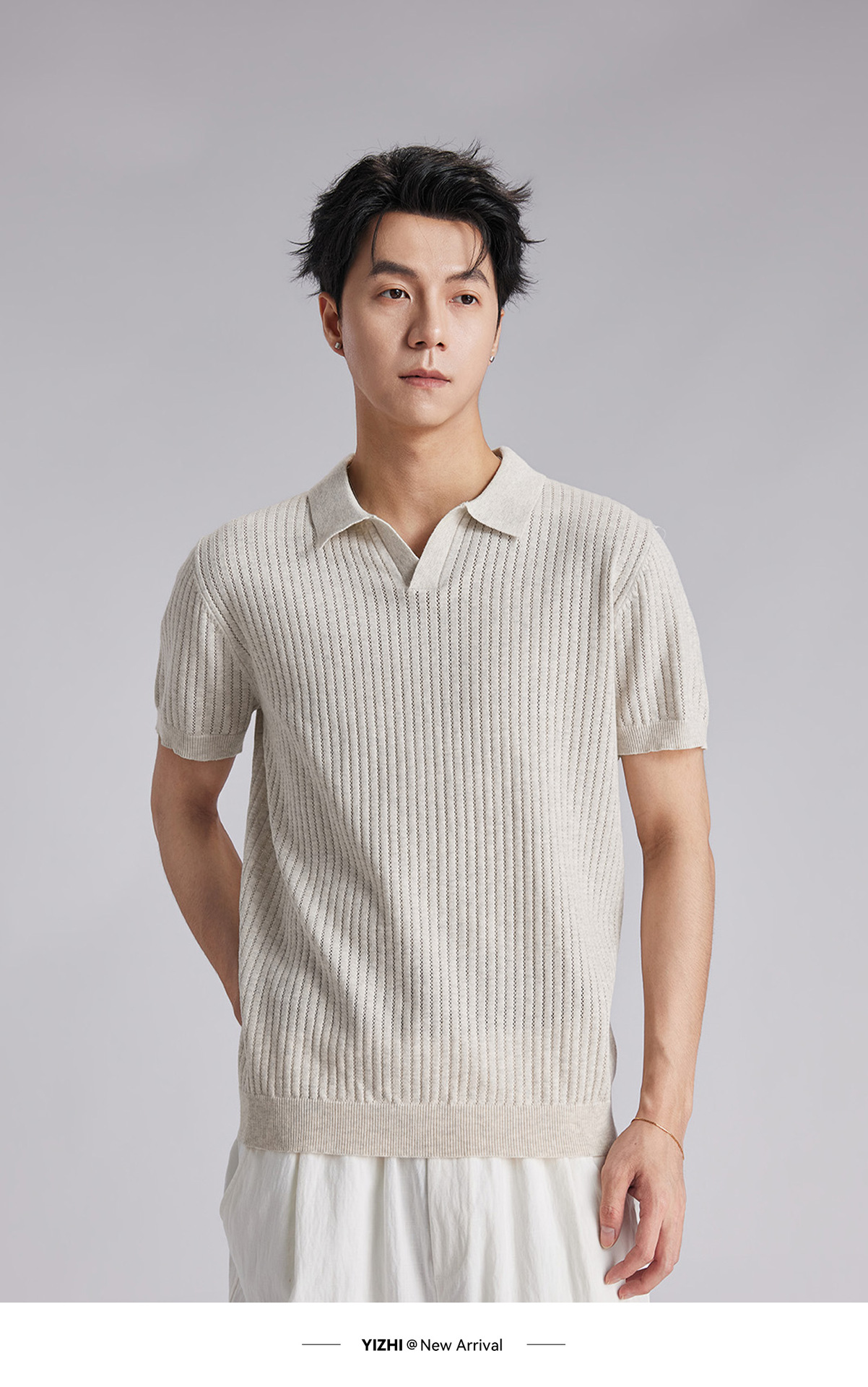Áo polo nam dệt kim phong cách cổ điển tay ngắn — đen chi tiết 8