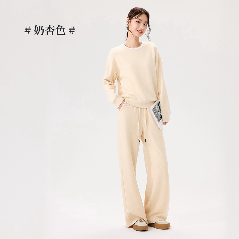 女士套装圆领上衣裤子秋冬新款长袖长裤休闲双层领拼色假两件套装|undefined