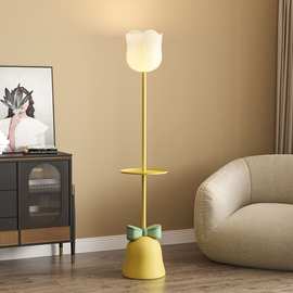 HR新款奶油风郁金香落地灯氛围感置物架一体客厅沙发旁立式台灯