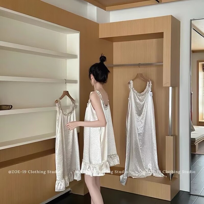 Imitation acetate satin pearl white princess camisole short nightdress for women, summer ice silk loose ruffled maternity shiny nightgown