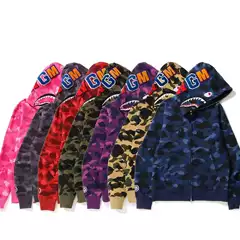 Cross-Border Streetwear BAPE Shark Towel Embroidered Single Hat Hooded Camo Double Zip Jacket Hoodie Unisex Cardigan