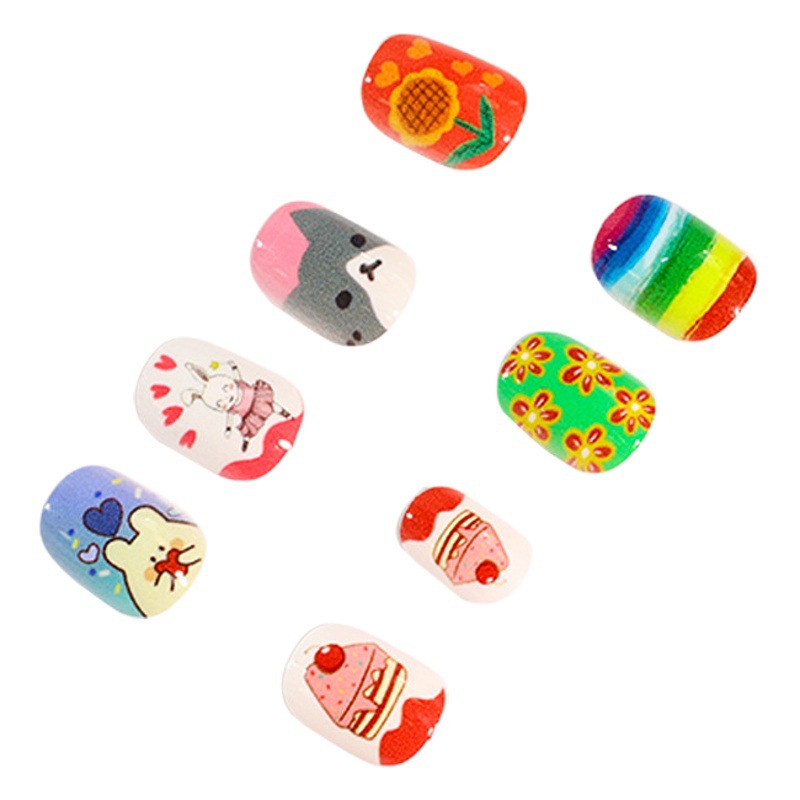 Nuevo desgaste hecho a mano uñas fresco lindo terminado dibujos animados niños desgaste uñas desmontable falso uñas manicura 24 unidades