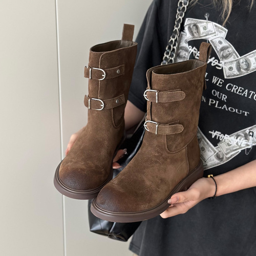 Sheepskin Version ~ Retro Fashion Leather Belt Buckle Western Cowboy Boots Slimming Short Boots for Women, Mauve Martin Boots, Biker Boots