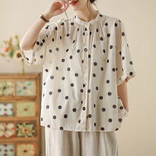 实拍2025新款夏季宽松大码衬衣拼色圆点短袖薄款舒适简约衬衫女