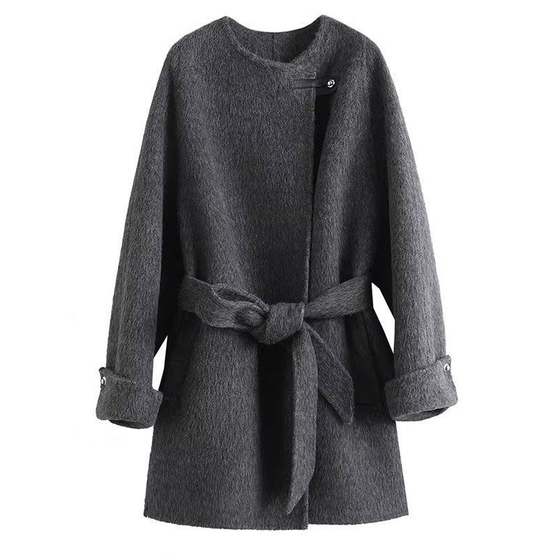 Spring New Korean Style Lazy Style Wool Coat Fashionable Gray Lace-Up Slimming Double-Sided Wool Coat for Women