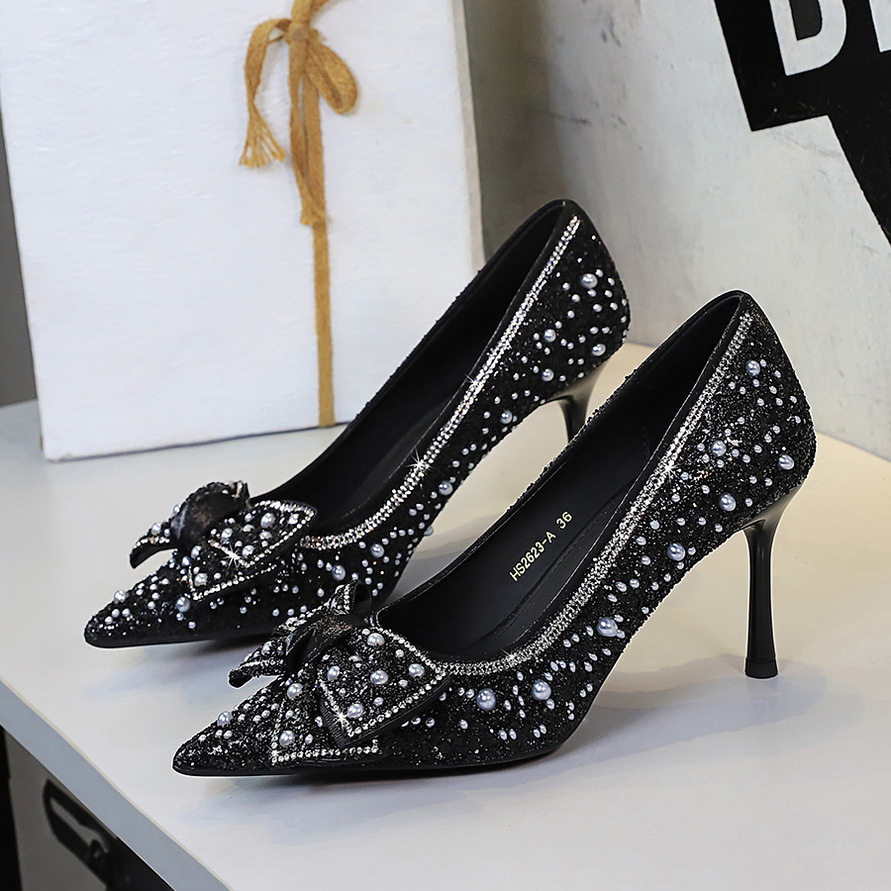 2623-AH99 French-style Sequin Beaded High-heeled Pointed-toe Shallow Bow Rhinestone Stiletto Slip-on Women's Shoes_vogvips.com