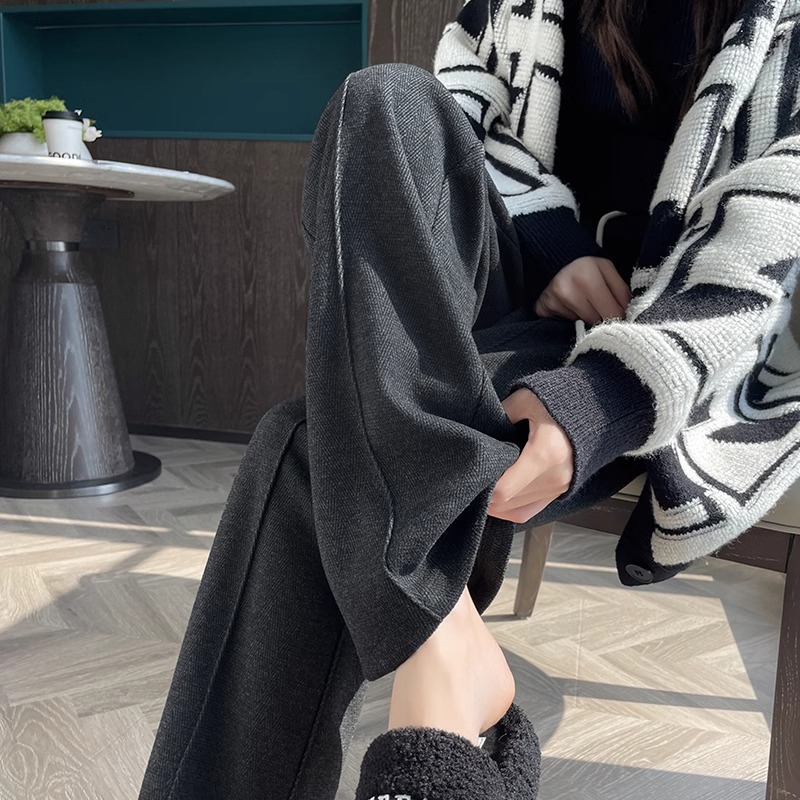 Pantalones de lana gris oscuro de piernas estrechas de mujeres otoño y invierno 2024 pantalones de cintura alta con patrón de herringbone de moda versátil pantalones rectos