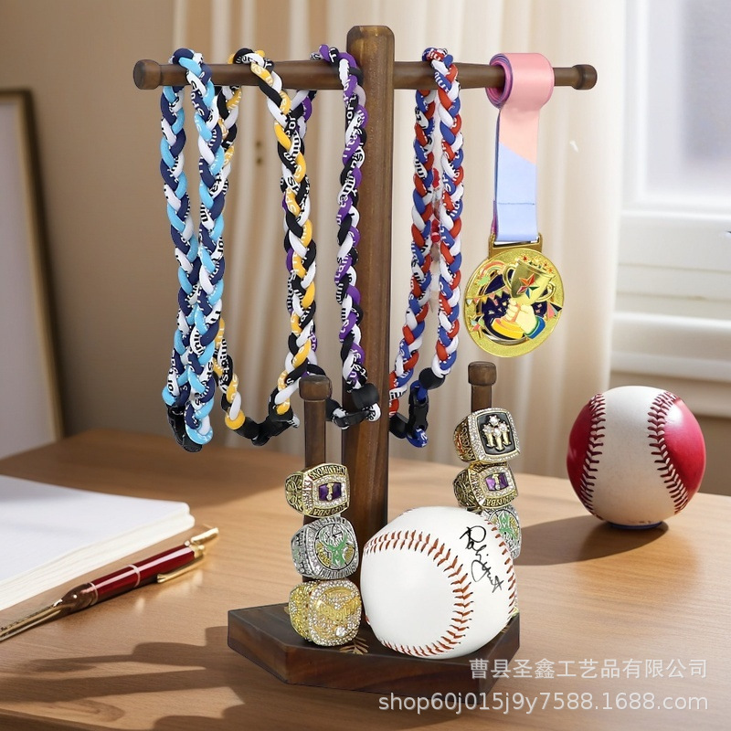 Wooden Baseball Ring Holder Rack with Baseball Base Tournament Stackable Finger Ring Display Stand with Medal Hanger